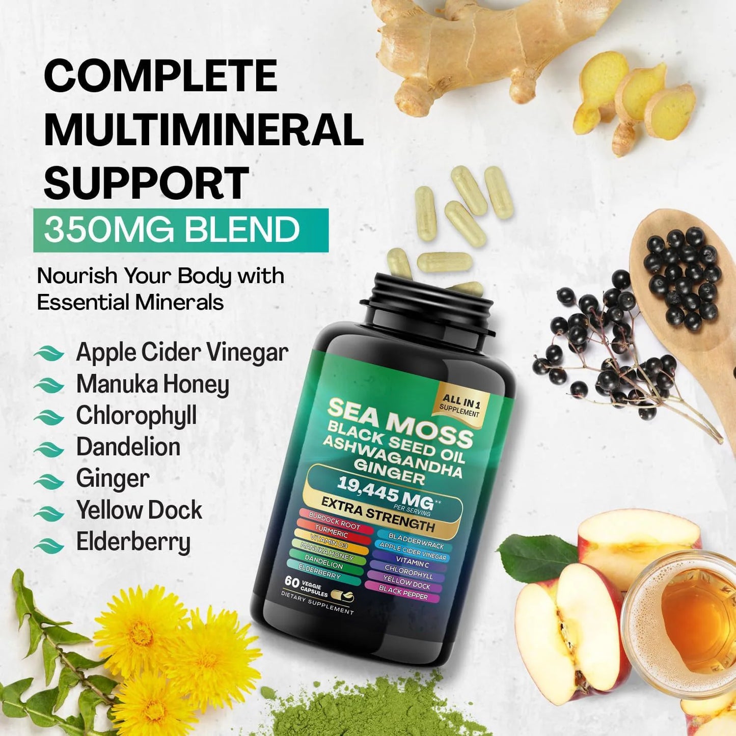 Shilajit und Seemoos-Paket – 60 Stück – Seemoos-Schwarzkümmelöl Ashwagandha-Ingwer & Shilajit