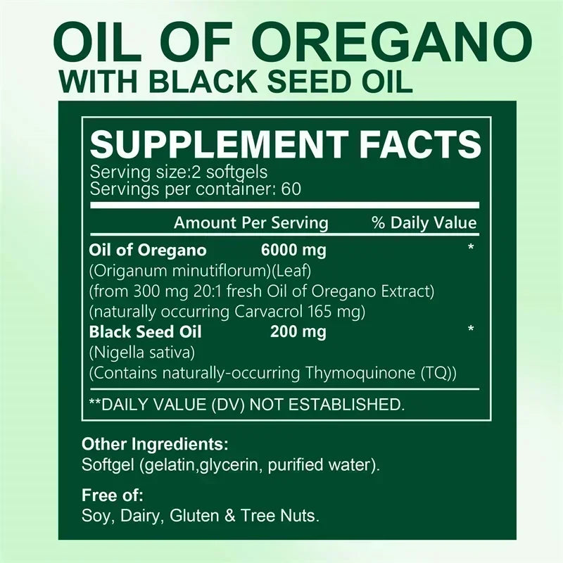 Oreganoöl Weichkapseln – mit Oregano- und Schwarzkümmelöl, für die Verdauung, lindert Blähungen, stärkt das Immunsystem, Antioxidans – 120 Kapseln