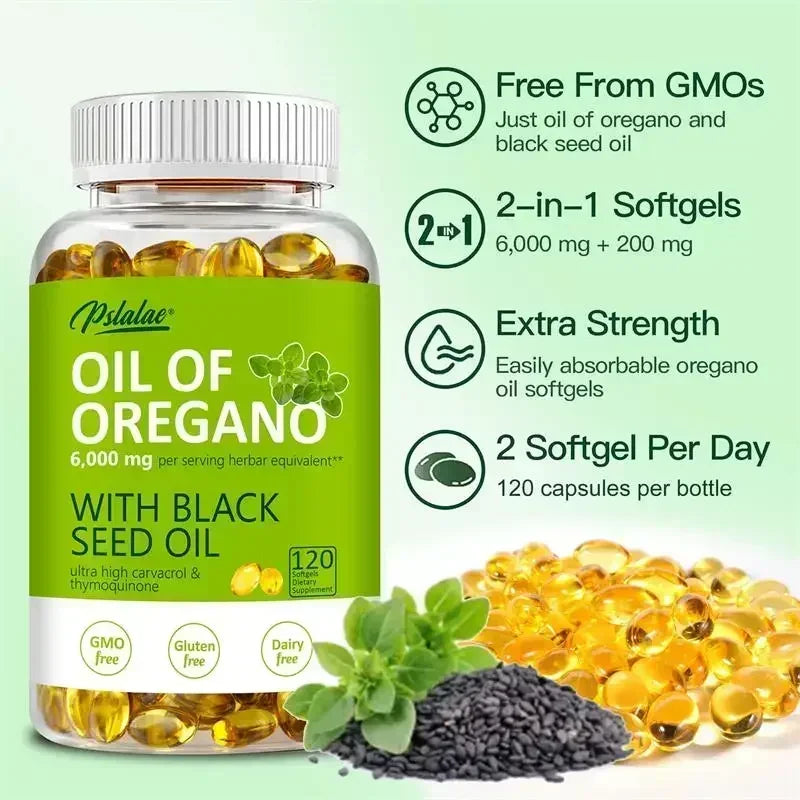 Oreganoöl Weichkapseln – mit Oregano- und Schwarzkümmelöl, für die Verdauung, lindert Blähungen, stärkt das Immunsystem, Antioxidans – 120 Kapseln