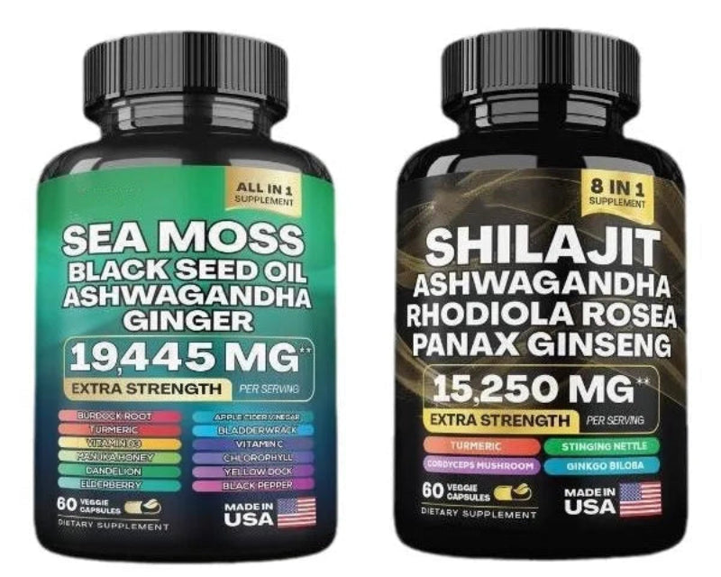 Shilajit und Seemoos-Paket – 60 Stück – Seemoos-Schwarzkümmelöl Ashwagandha-Ingwer & Shilajit
