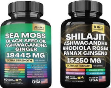 Shilajit und Seemoos-Paket – 60 Stück – Seemoos-Schwarzkümmelöl Ashwagandha-Ingwer & Shilajit